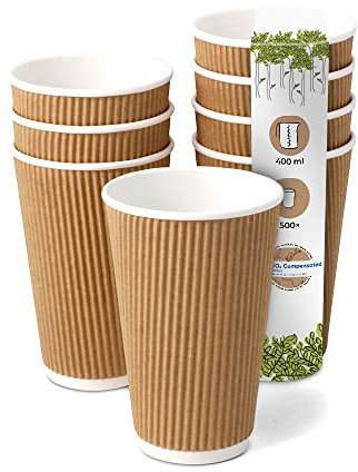 BIOZOYG 500 Stück Kaffeebecher isolierte Pappbecher 400ml / 16 oz Ø 90 mm weiß/braun - geriffelt plastikfrei nachhaltige Materialien - Einwegbecher Glühweinbecher