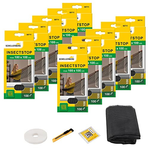 Schellenberg 10er Spar-Pack 50711 Fliegengitter für Fenster, Insektenschutz ohne Bohren, Schutz vor Mücken, Fliegen, Insekten und Ungeziefer, 100 x 100 cm, inkl. selbstklebendes Klettband, anthrazit