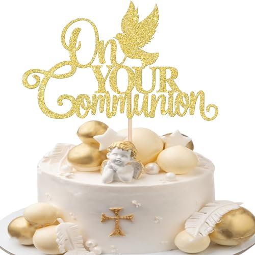 SYKYCTCY 1 Pack On Your Communion Cake Topper Glitter On Your Communion Cake Decorations Peace Dove Cake Topper for Kids Birthday Baby Shower Wedding Bridal Shower Marriage Anniversary Gold