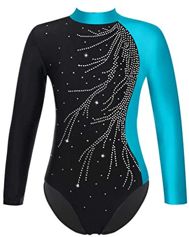 Choomomo Kinder Turnanzug Gymnastikanzug Mädchen Langarm Trikot Leotard Training Gymnastikbody Tanzbekleidung Dancewear Blau R 170-176
