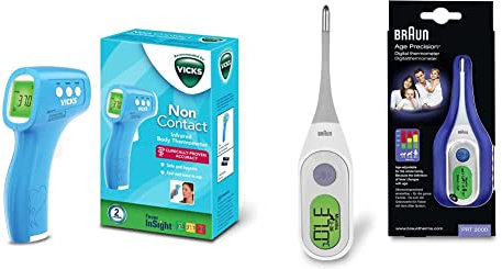 Vicks Non Contact Infrared Body Thermometer HTD8813EE, 450 g & Braun Digital StickThermometer with Age Precision, PRT2000
