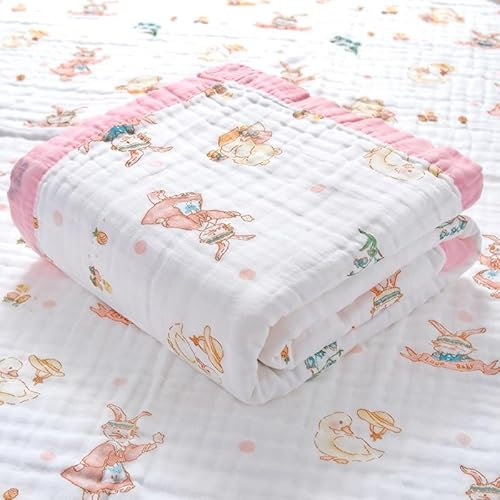Hivia Musselin Decke 6 Lagig Kuscheldecke Baby Baumwolle 110 x 110 cm Musselin Babydecke Wickeldecke Weiche Decke für Badetuch,Kinderdecke Neugeborene Unisex (Rosa Kaninchen)