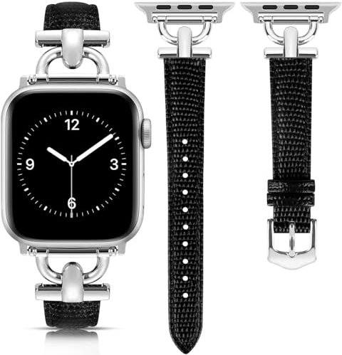 mxiixnai Leather Strap Compatible with Apple Watch Straps 44/45/49/46/42mm Women, Slim Thin Leather Replacement Strap for iWatch Bands Series 10 9 8 7 6 5 4 3 2 1 SE Ultra 2,Lizard Black/Silver