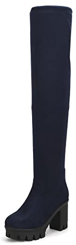 MJIASIAWA Donna Punta Rotonda Senza Chiusura Chunky Plateau Sopra Il Ginocchio Stivali Stretch Moda Festa Tacco Alto Stivali Alti Blu Numero 38 EU/39 Asiatico