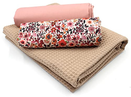 VmG-Store Waffelpique + Baumwollstoff Set farblich abgestimmt Waffel Stoff 100% Baumwollstoff Tex Standard 100 (Blumen Rötlich Set10)