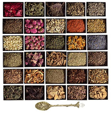 Herbes séchées pour fournitures de sorcellerie et outils pour la protection des sorts magiques à base de plantes – 30 herbes wiccan pour autel wiccan – Herbes séchées avec cuillère en cristal