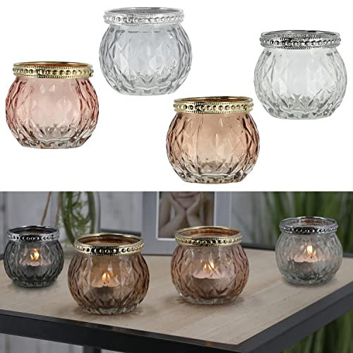Teelichtglas 4er Set orientalisch | Glas Ø6,5cm H5,7cm weiß grau pink braun | Windlicht für Teelichter