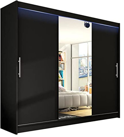 Mirjan24 Kleiderschrank Aston 250 mit Spiegel, Schwebetürenschrank, Schlafzimmerschrank, Schiebetürenschrank, Garderobe, Schlafzimmer (Schwarz, mit RGB LED Beleuchtung)