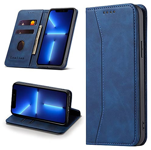 Leaisan Handyhülle für iPhone 13 Pro Hülle Premium Leder Flip Klappbare Stoßfeste Magnetische [Standfunktion] [Kartenfächern] Schutzhülle für iPhone 13 Pro 5G (6,1 Zoll) Tasche - Blau