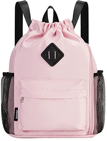 WANDF Drawstring Backpack Sports Gym Bag with Shoes Compartment, Water-Resistant String Backpack Cinch for Women Men (Pink,Medium)