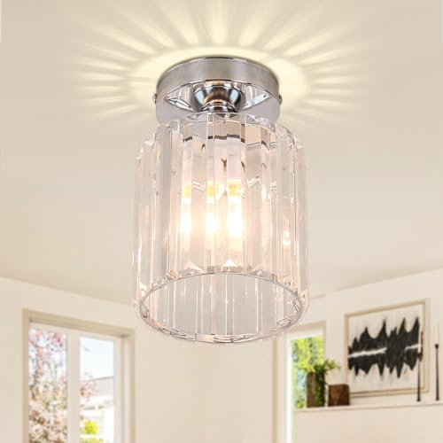 FRIXCHUR Kleiner Kronleuchter Kristall Deckenleuchte Semi Flush Mount Deckenbeleuchtung Halterung Moderne Kristall Deckenleuchte für Flur Küche Insel Esszimmer Schlafzimmer E26 Basis Chrom
