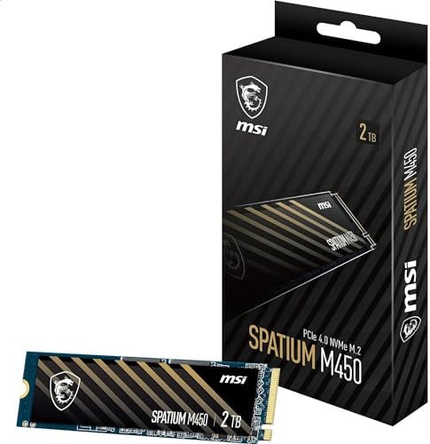 MSI SPATIUM M450 SSD 2TB - Disque SSD Interne 2 to, PCIe 4.0 NVMe M.2, Lecture 3300 MB/s & Écriture 3000 MB/s, 3D NAND, Sécurité des Données Intégrée, 1200 TBW,