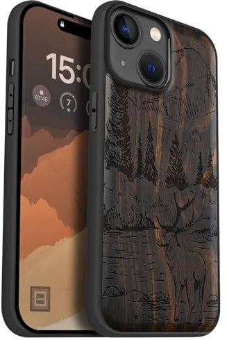 Carveit Holz Handyhülle für iPhone 15 - Massivholz für Apple 15 - Stoßfeste Stoßstange - Weich TPU Hulle (Dunklesholz - Berge und Hirsche)