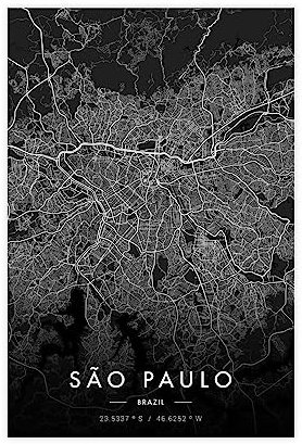 Sao Paulo Stadtkarte, dunkles Poster, Leinwand, Poster, Wandkunst, Dekordruck, Bild, Gemälde für Wohnzimmer, Schlafzimmer, Dekoration, ungerahmt: 30 x 45 cm
