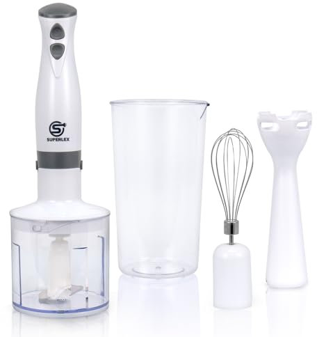 SUPERLEX 4 in 1 Handheld Blender & 2 Speed Control and Turbo Setting,700W Immersion Blender with Whisk,700ML Measuring Mug, 500ML Chopper, BPA Free,Food Processor