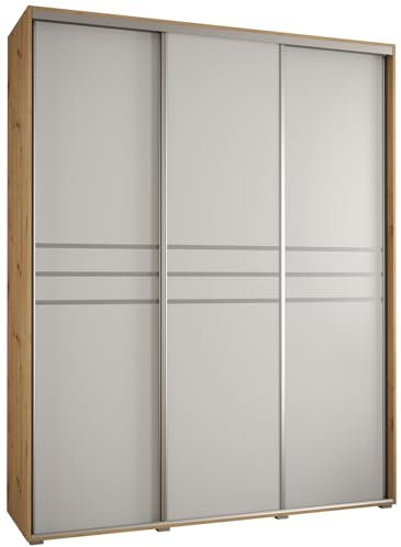 MEBLE KRYSPOL Davos 10 200 Schrank mit DREI Schiebetüren für Schlafzimmer - Moderner Aufbewahrungsschrank mit Kleiderstange und Regalen - 235,2x200x60 cm - Artisan Weiß Silber