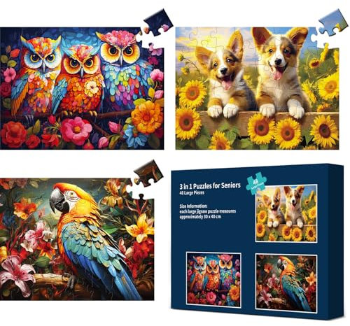 3 Packungen große Puzzleteile für Senioren - Demenz, 48-teilige Puzzles für ältere Erwachsene, Alzheimer-Puzzles, Gedächtnis-Kognitionsspiele für ältere Senioren mit 3 Aufbewahrungsbeuteln