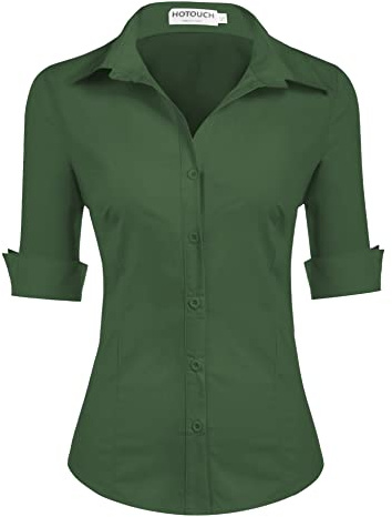 HOTOUCH Ladies Shirts Short Sleeve Cotton Shirt Blouses for Women 3/4 Sleeve Tops Office Blouse Fitted Shirts V-Neck Top Green L