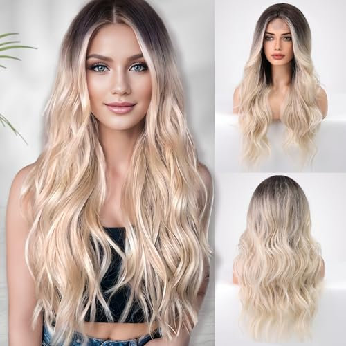 EMMOR lange platinblonde wellige Perücke für Frauen, Lace-Front-Perücken mit natürlichem Aussehen, 26 Zoll Mittelscheitel lockige Perücke.