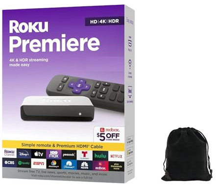 Roku Premiere | 4K/HDR Streaming Media Player Wi-Fi Enabled with Premium High Speed HDMI Cable and Simple Remote, Includes Pouch