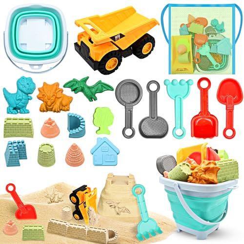 YZNlife sandspielzeug 19Pcs Strandspielzeug, Kinder Strandspielzeug Spielzeug inkl. Faltbarer Strandeimer, Netzbeutel, Sandformen, Sandschaufel, Strand Sandspielzeug für Jungen Mädchen