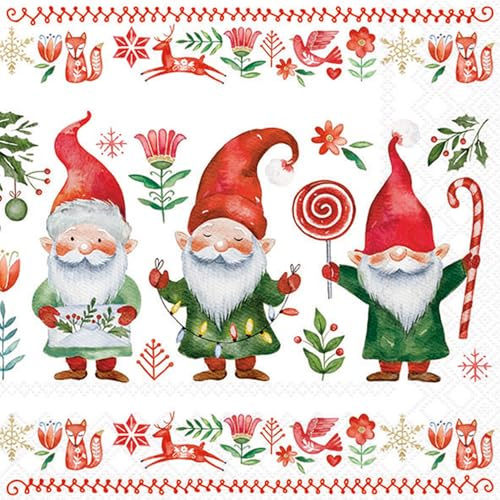 20 Servietten Weihnachten Lustige Zwerge mit winterlichen Symbolen als Tischdeko. Papierservietten mit Motiv. Auch für Decoupage und Serviettentechnik 33x33cm