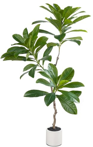 Leflos 150cm künstlicher Elaeocarpus Baum für den Innenbereich, Tropische realistische Elaeocarpus Pflanze im weißen Topf, deko für Wohnzimmer, Büro, Fest & Party
