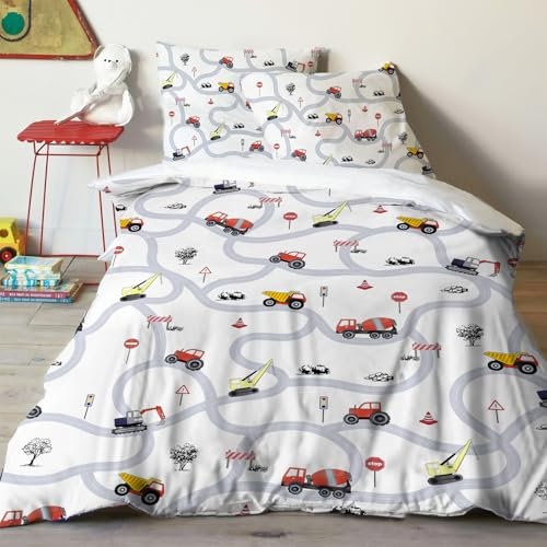 Yasida Autos KinderbettwäSche 135x200 Jungen Traktor Mikrofaser BettwäSche Mit Verkehrsschildern Und StraßEn FüR Jungen Teenager Bagger BettwäSche 135x200cm Mit ReißVerschluss+1Kopfkissenbezug 80x80cm
