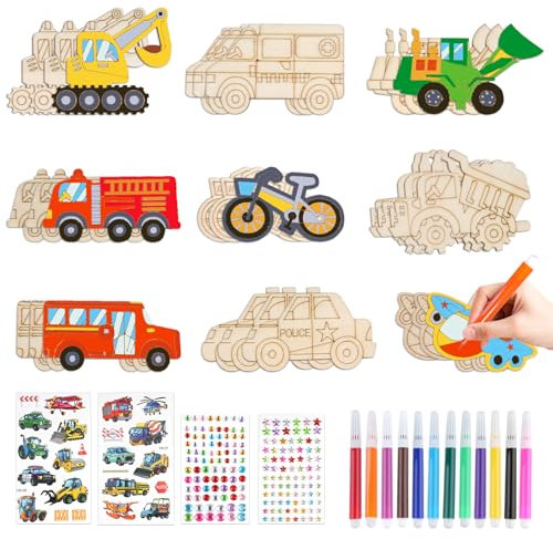 Moosono 40 Stück Auto Holz Bastelset, Bastelset Kindergeburtstag für Mädchen Jungen ab 3 4 5 6 7 8 Jahre Automobil Basteln für Kinder Holz zum Basteln mit Aquarellstift, Strasssteine, Aufkleber