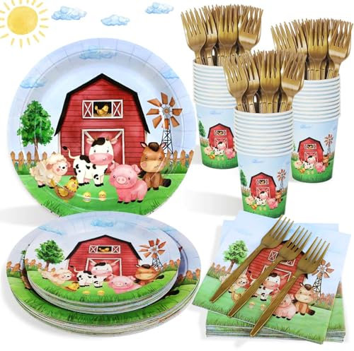 Heboland Farm Birthday Party Supplies Tableware Set for 25 Guests, Farm Birthday Decorations 100Pcs Barnyard Party Plates Cups and Napkins for Baby Shower Kids Decorations Supplies