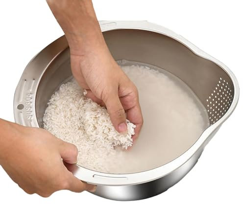 Colador limpiador de arroz, cuenco de acero inoxidable para lavar arroz, colador para lavar arroz, colador de arroz integrado en la cocina, colador de malla fina multiusos para lavar arroz y verduras