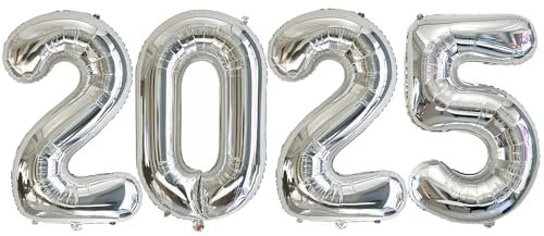 Ponmoo 40 Zoll Foil Luftballons 2025 Silber, 101cm, Aufgeblasen mit Helium oder Luft, Riesige Folienballons 2025, Großer Ballon für Neujahrsparty Dekoration