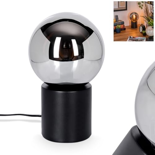 HOFSTEIN Tischleuchte Gastor, Tischlampe aus Metall/Glas in Schwarz/Chrom-/Rauchfarben, Leuchte im Retro/Vintage-Design mit Glasschirm (Ø 15cm), E14, Wohnzimmer, Schlafzimmer, Flur, Büro, Kinderzimmer