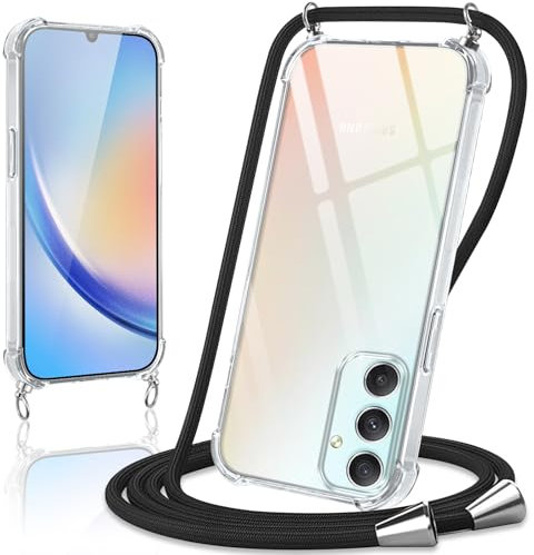 Coiwxmoi Coque avec Cordon pour Samsung Galaxy A34 5G 6,5, Collier Réglable Téléphone Étui Portable Lanyard Case Transparent Souple Silicone TPU Housse Antichoc Protection Cover, Noir