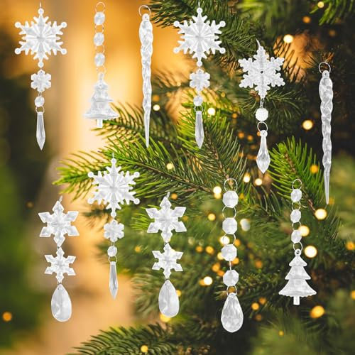 KINDPMA 26 Stück Christbaumschmuck Schneeflocken Eiszapfen Anhänger Acryl Kristall Ornament Christbaumschmuck Weihnachten Deko Schneeflocken Weihnachtsbaum Hängende Dekorationen