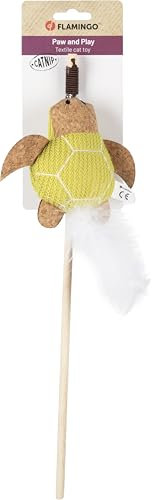 Flamingo Jouet pour Chat Lemmo Canne Tortue Verte en Bois et Tissu avec Plumes et Catnip 40cm