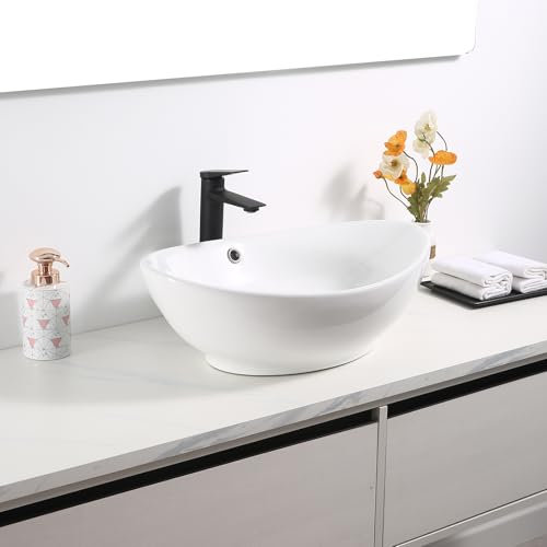NUESTRA VIDA Lavabo de Lujo Ovalado Tocador Montado Encima Lavabo sobre Encimera con Rebosadero, Cerámica Blanco Lavamanos Aseo Cuarto de Baño 585 × 385 × 195 mm