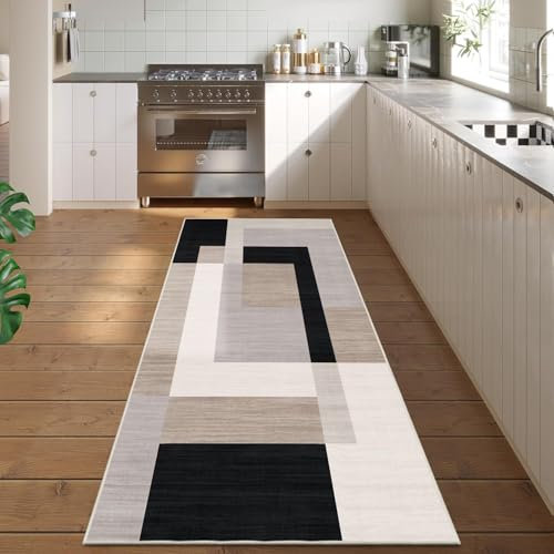 Hafaa Area Rugs Living Room - Runner Rugs for Hallway Geometric Style Modern Floor Carpet Runners Soft Touch Abstract Large Printed Rug (60x220 cm, Milo Neutral)