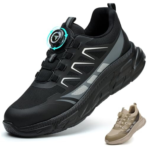 BAXIWUY Sicherheitsschuhe Herren Arbeitsschuhe Damen Sportliche Leicht Atmungsaktiv Schnürsenkel Schnellverschluss Drehverschluss Stahlkappenschuhe, Schwarz, 46 EU