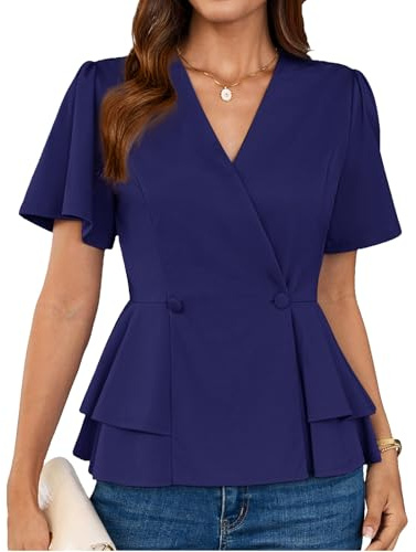 GRACE KARIN Blouses for Women V Neck Elegant Summer Tunic Tops Ruffle Short Sleeve Casual T Shirts Business Office Wrap Blouse