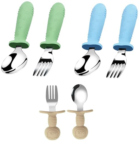 Couverts pour enfants,6 Set Bébé Toddler Ustensiles en Acier Inoxydable Silicone Argenterie Cuillère Fourchette Bébé, Cuillere Bebe 1er age, Fourchette Bebe, Couvert enfant, Cuillere apprentissage