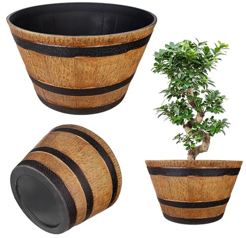 KADAX Ø40 cm – Pot de Fleurs en Forme de tonneau, Plastique résistant aux intempéries (Marron Clair)