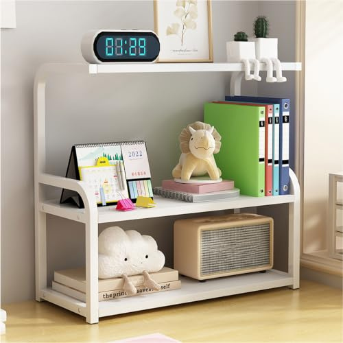 Numjeg Bookshelf 3-Tier Desktop Wood White Metal Rack Supplies Bedroom Shelf Big Bookcase Organizer Shelf for Top of Desk and Dresser Living Room Furnitur