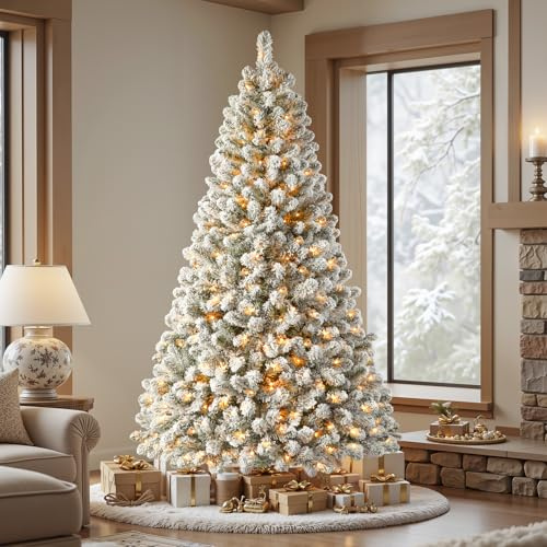 Shareconn 229 cm Preilluminato Albero di Natale Artificiale, Albero di Natale Innevato con Supporto in Metallo Pieghevole, 470 Luci LED Premium, 12 Modalità di Luce, Perfetto per Decorazioni Natalizie
