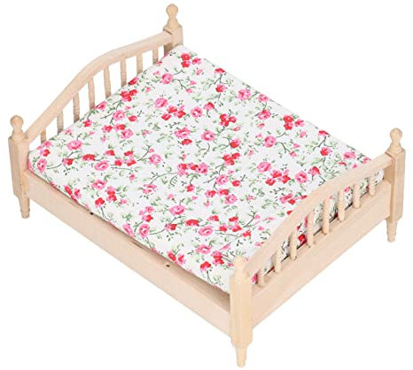 Dollhouse Mini Doppelbett, Birchholz -Stoff Miniaturmöbel Doppelbett für 1:12 Puppenhausgeschenke, Exquisite Verarbeitung, Hohe Simulation, Sehr Attraktiv und Elegant