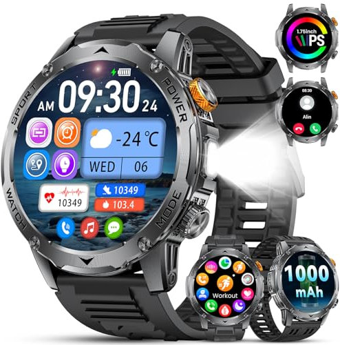 LIGE Montre Connectée Homme avec 1000mAh Batterie 1,75 HD Écran/Appels/LED Lampe, 120+ Modes Sportifs, Calories/SpO2/Fréquence Cardiaque/Sommeil IP68 Étanche Smartwatch pour Android iOS Noir