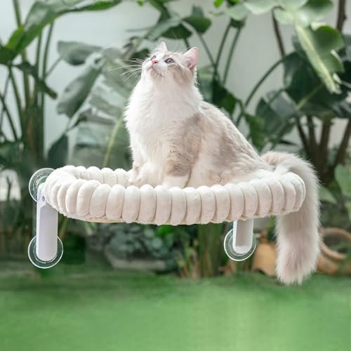 GUUSII HOME Cat Window Bed Perch Foldable Suction Cup Window Sill Hammock for Indoor Large Cats Windowsill Hanging Kitten Seat Shelf with Soft Plush Cushion Machine Washable 54 * 30cm (White, M)