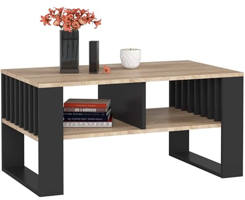 AKORD Couchtisch Holz Rockford mit einem Regal, 92x45x53cm, Für Wohnzimmer, Schlafzimmer Schrank, Minimalistisch Modernes Design, Schichtstoffplatte 16mm, Farbe Sonoma-Eiche & Schwarz