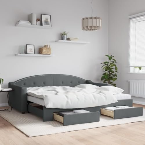 Brokky Tagesbett Ausziehbar mit Schubladen Dunkelgrau 90x200 cm Tagesbett Ausziehbar Bett Mit Stauraum Bett Zum Ausziehen Bett Mit Schubladen Stoff / 3197567