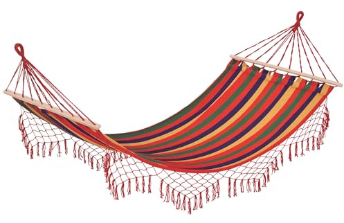 Outsunny Hamaca de Jardín 200x100 cm Travesaños de Madera Rojo y Amarillo | Hamaca Colgante, Carga 120 kg, Exterior, Patio Terraza Balcón Camping